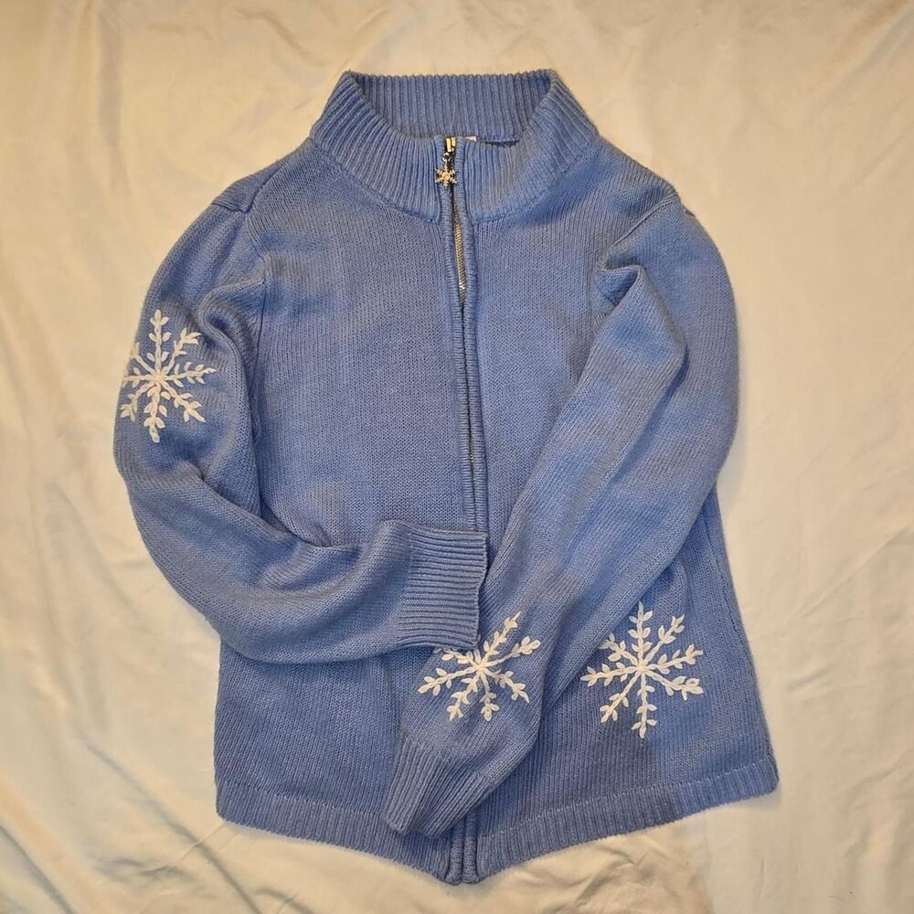 Vintage Periwinkle Blue Snowflake Full Zip Cardigan Sweater Knit Size S/P 6-8